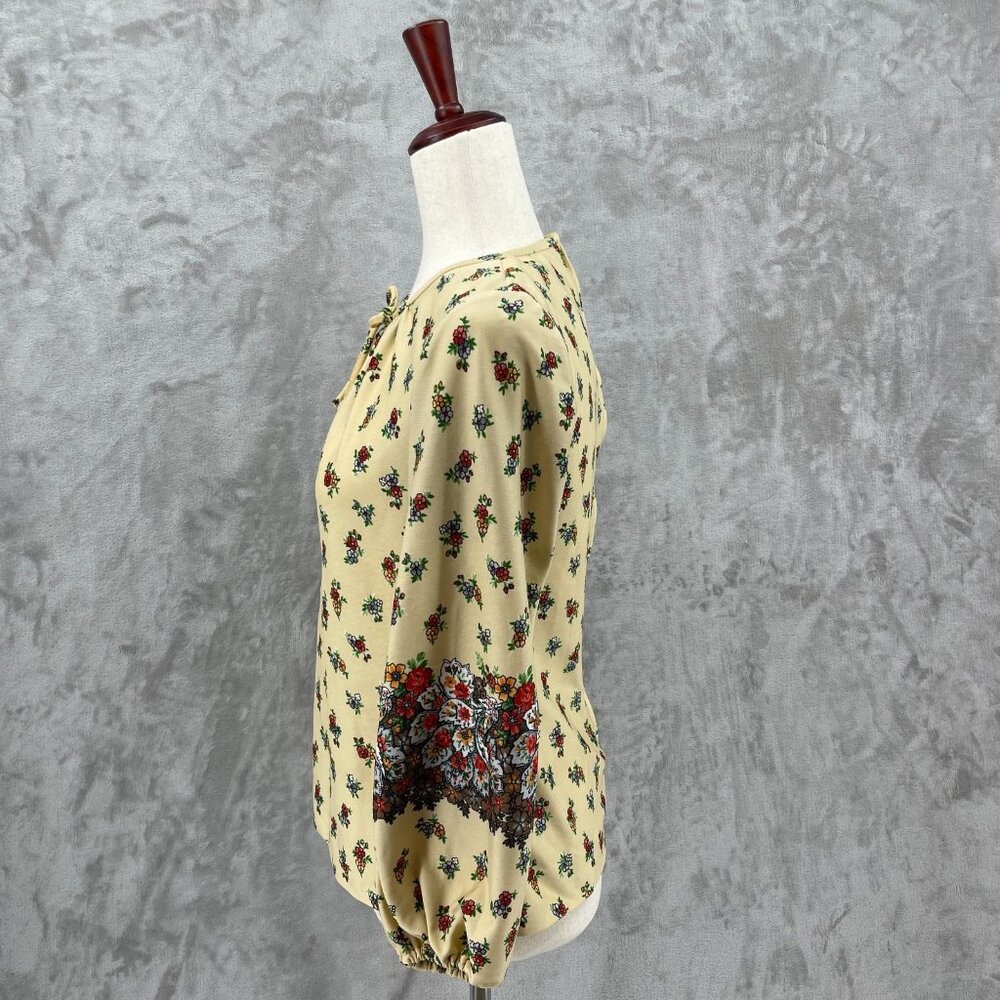 Vintage 70s Andrea Gayle Floral Balloon Sleeve Keyhole Top USA Made - Picture 3 of 14